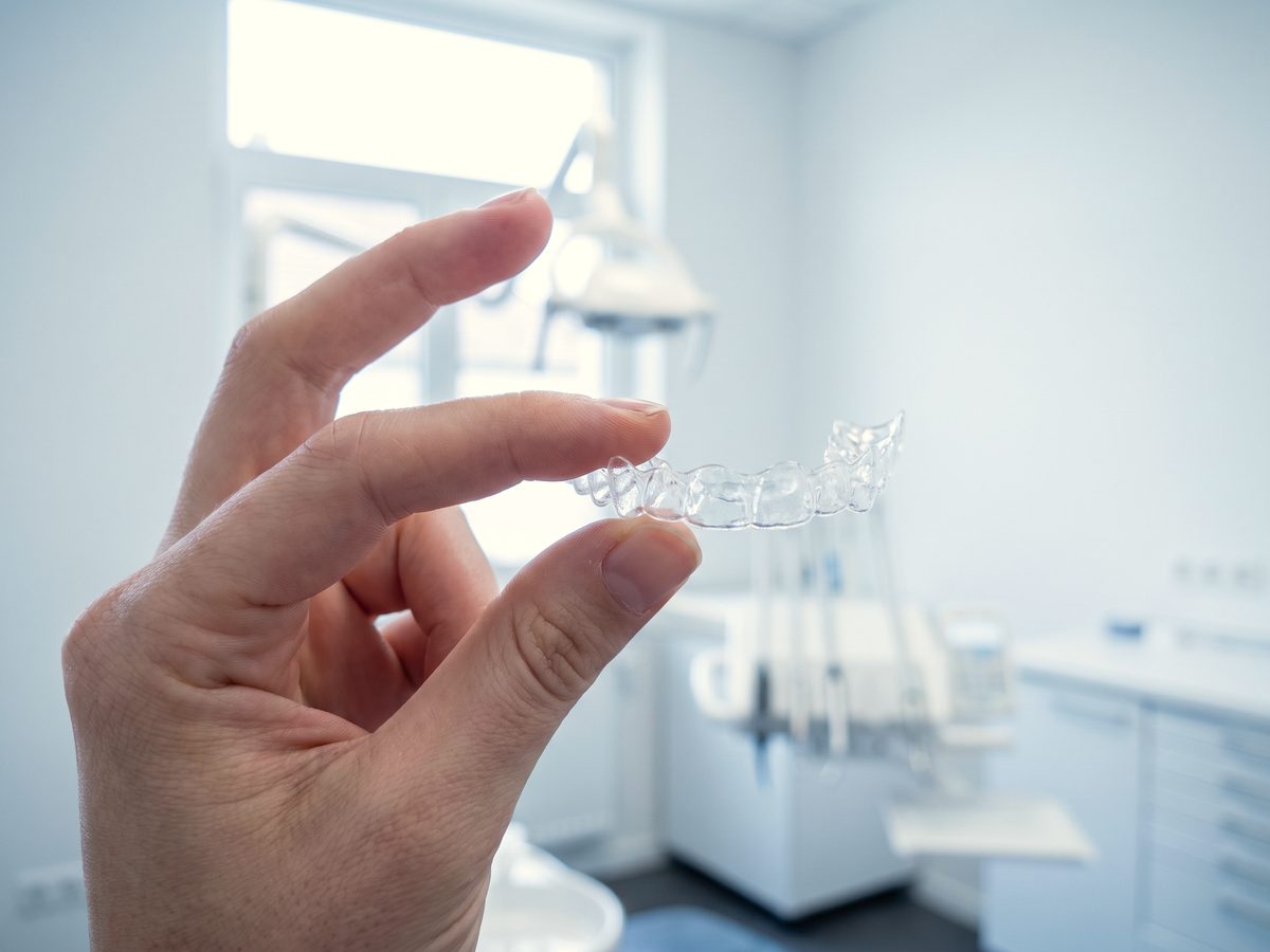 Aligneur transparent d’orthodontie invisible tenu entre les doigts